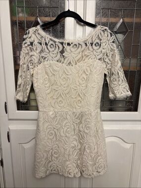 BCBG Generation Ivory Lace Mini Romper with Sheer Floral Bodice